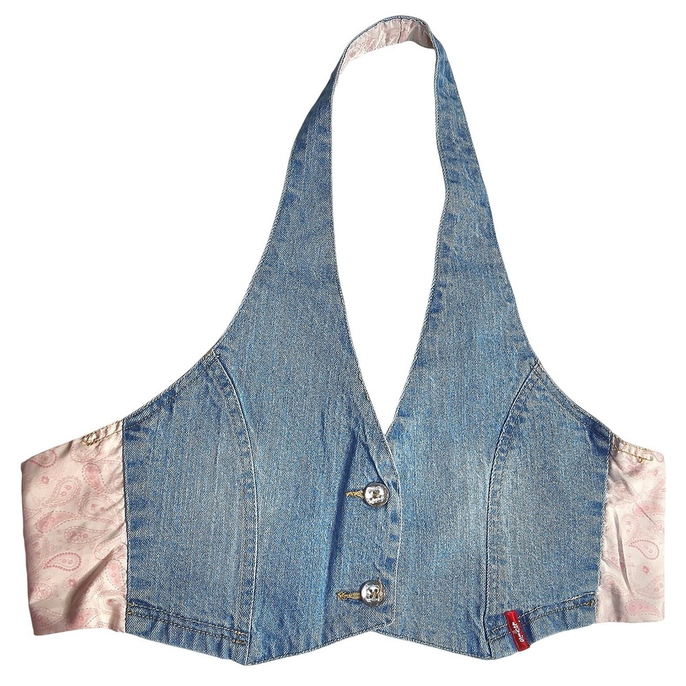 Y2K‎ Levis Denim Halter Top Women Large Blue Pink Paisley Tie Back V-Neck Vest